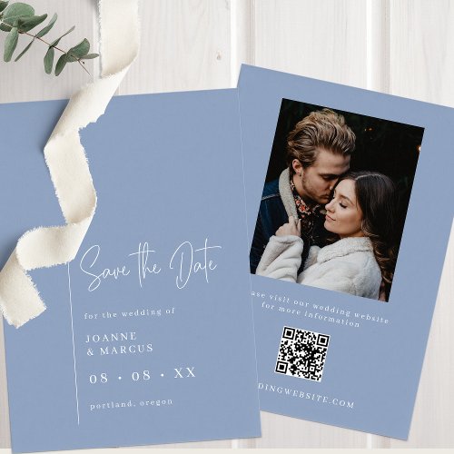 Simple Modern Dusty Blue Photo  QR Code Save The Date