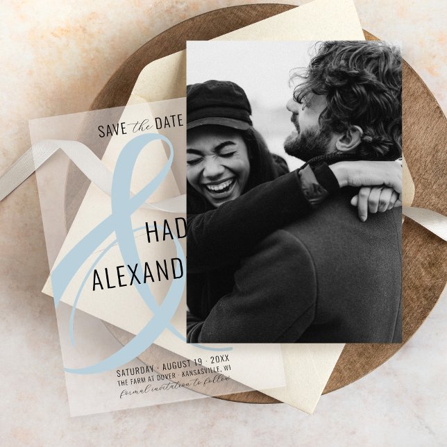 Simple Modern DUSTY BLUE Photo Underlay Wedding Save The Date (Simple photo underlay card for modern dusty blue bold ampersand vellum overlay wedding save the date)