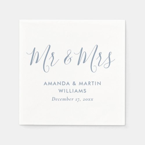 Simple Modern Dusty Blue Script Mr and Mrs Wedding Napkins