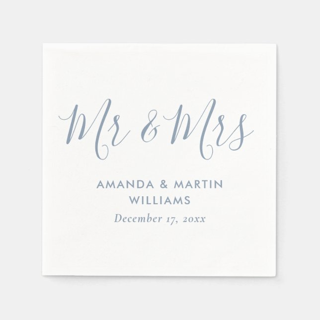 Simple Modern Dusty Blue Script Mr and Mrs Wedding Napkins (Front)