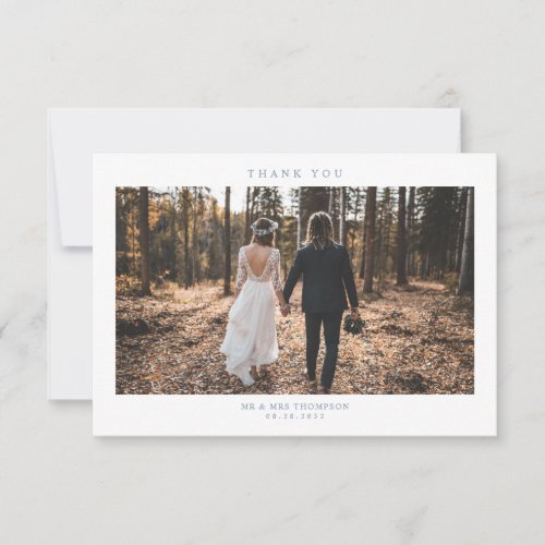 Simple Modern Dusty Blue Wedding Photo Thank You Card