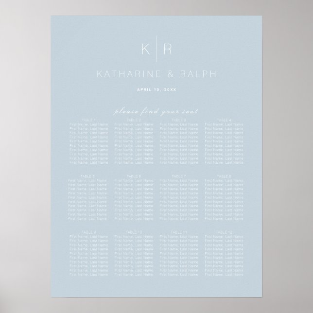 Simple Modern Dusty Blue Wedding Seating Chart (Front)