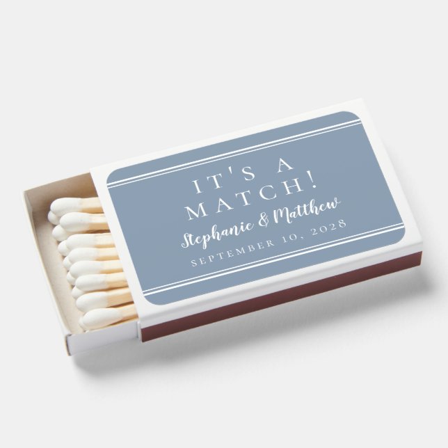 Simple Modern Dusty Blue White Chic Wedding Favors Matchboxes (Front Open)