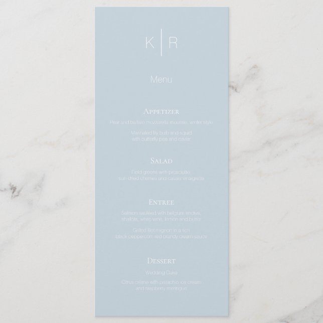 Simple Modern Dusty Blue White Wedding Menu Card (Front)