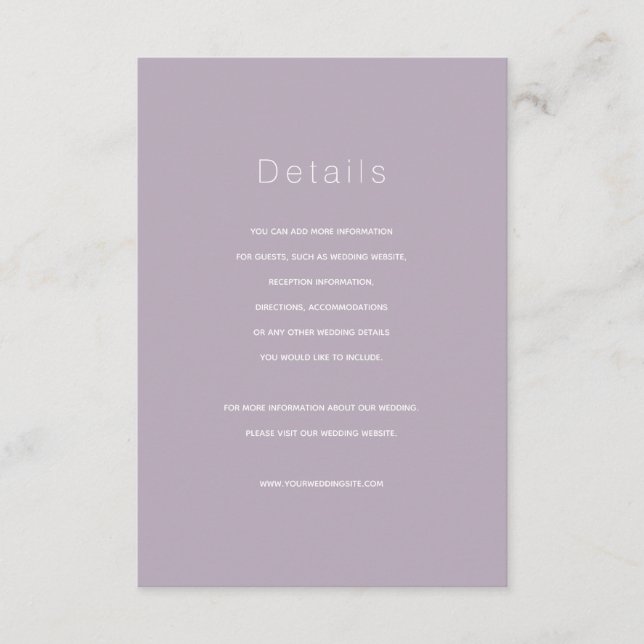 Simple Modern Dusty Lilac Wedding Details Card (Front)