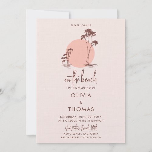 Simple Modern Dusty Pink Palm Trees Beach Wedding Invitation