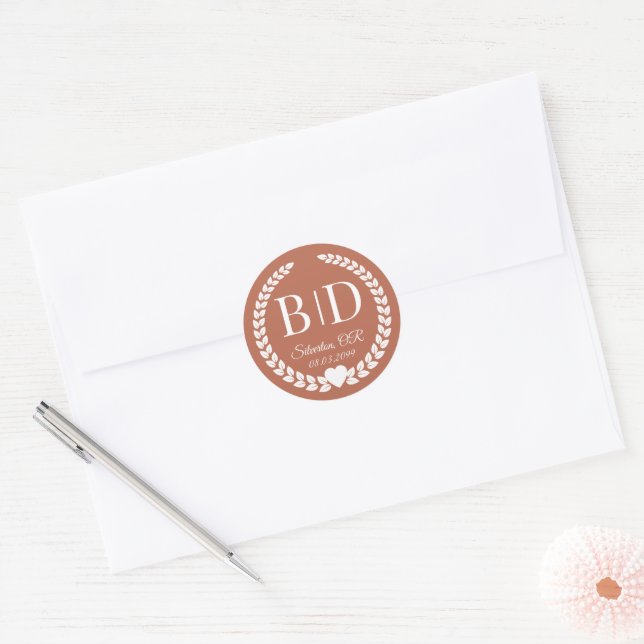 Simple Modern Earthy Terracotta Monogram Classic Round Sticker (Envelope)