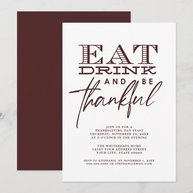 Simple Modern Eat Drink Thankful Thanksgiving Invitation (Front/Back)
