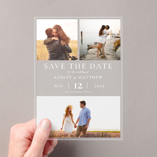Simple Modern Elegant 3 Photo Collage Wedding Acrylic Invitations (Insitu (Handheld))