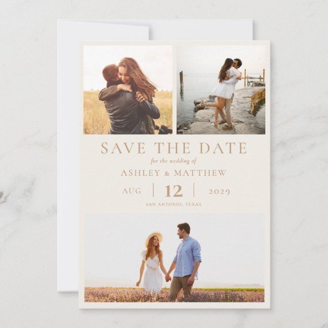 Simple Modern Elegant 3 Photo Collage Wedding Save The Date (Front)