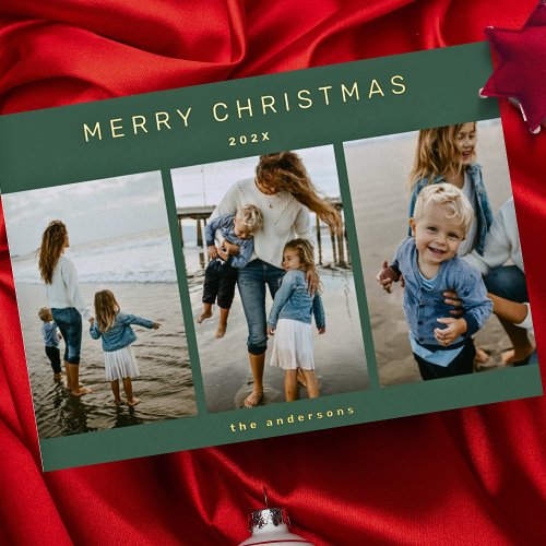 Simple Modern Elegant 3 Photo Merry Christmas Foil Holiday Card