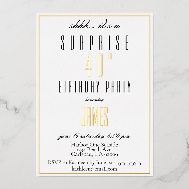 Simple Modern elegant black and white gold silver  Foil Invitation (Front)