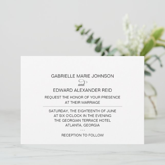 Simple Modern Elegant Black and White Wedding Invitation (Standing Front)
