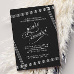 Simple Modern Elegant Black Birthday Party Invitation<br><div class="desc">Simple and elegant with contemporary flair, this Birthday Party Invitation features white angled lines framing your text over a trendy black background. The "you're invited" text in lovely script flourishes is intentionally featured prominently to make your invited guests feel special. Edit the party details with your specifics. Shown here as...</div>
