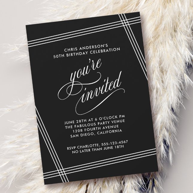 Simple Modern Elegant Black Birthday Party Invitation (Available in both printed and digital download formats!)