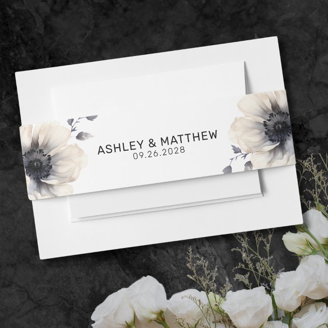 Simple Modern Elegant Black White Floral Wedding Invitation Belly Band (Simple Modern Elegant Black White Floral Wedding Invitation Belly Band)
