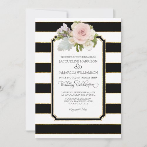 Simple Modern Elegant Black White Stripe w Gold Invitation