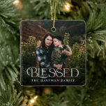 Simple Modern Elegant Blessed 2 Photo Christmas  Ceramic Ornament<br><div class="desc">This stylish photo Christmas ornament boasts modern styled typography, reading, "Blessed" at the bottom. It contains separate photo templates for the back and the front, as well as text templates for name and year. What a perfect way to remember how much you have to be grateful for and to celebrate...</div>