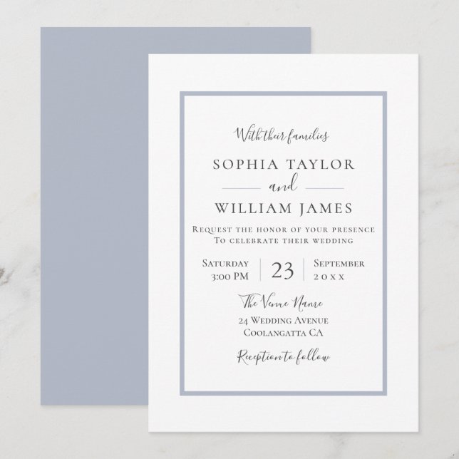 Simple Modern Elegant Blue Border Script Wedding Invitation (Front/Back)