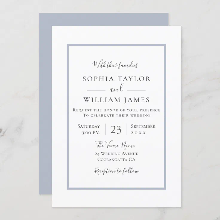 Simple Modern Elegant Blue Border Script Wedding Invitation | Zazzle