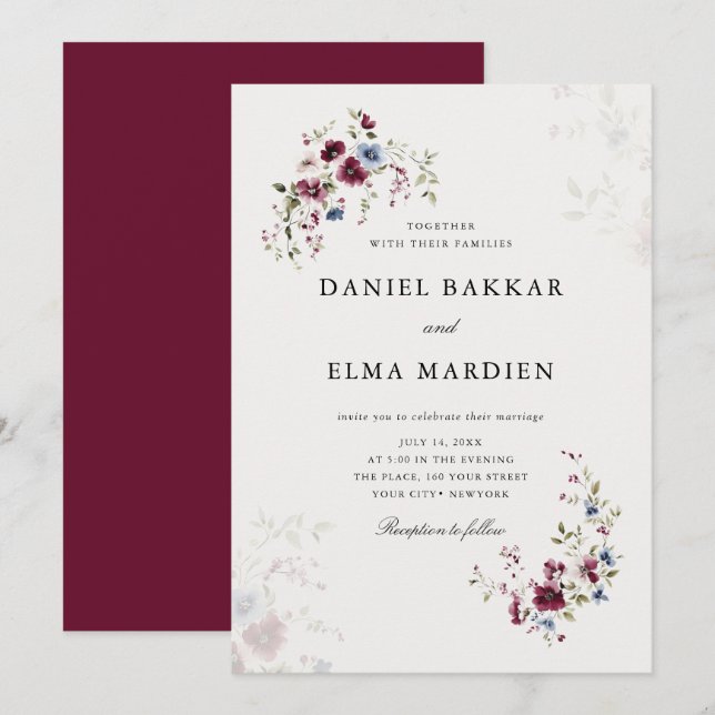 Simple Modern Elegant Burgundy Boho Floral Wedding Invitation (Front/Back)