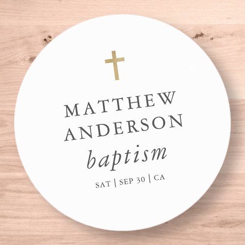 Simple Modern Elegant Cross Baby Baptism Classic Round Sticker