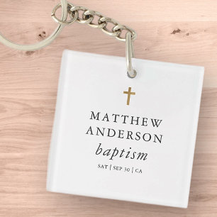 Simple Modern Elegant Cross Baby Baptism Keychain