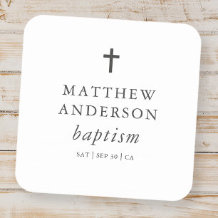 Simple Modern Elegant Cross Baby Baptism Square Sticker