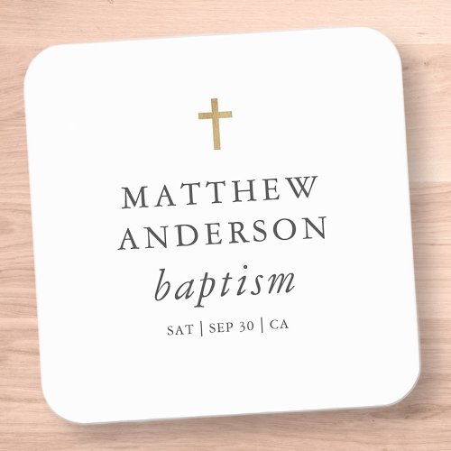 Simple Modern Elegant Cross Baby Baptism Square Sticker