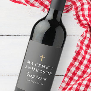 Simple Modern Elegant Cross Baby Baptism Wine Label