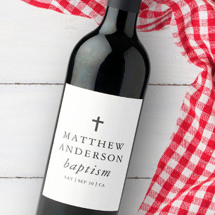 Simple Modern Elegant Cross Baby Baptism Wine Label