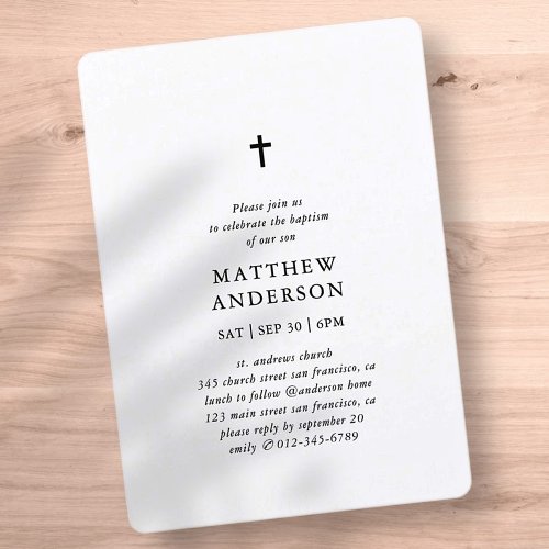 Simple Modern Elegant Cross Baby Boy Baptism Invitation