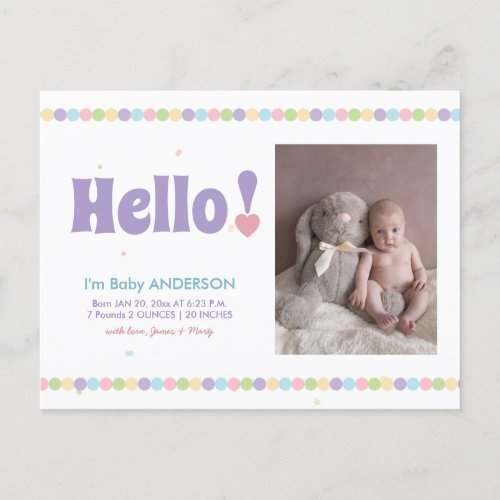 Simple Modern Elegant Cute Hello Baby Photo Birth Announcement Postcard
