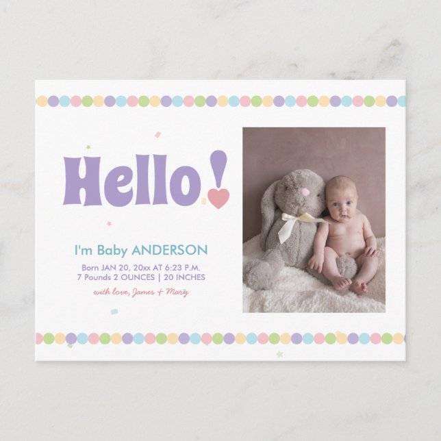 Simple Modern Elegant Cute Hello Baby Photo Birth Announcement Postcard (Front)