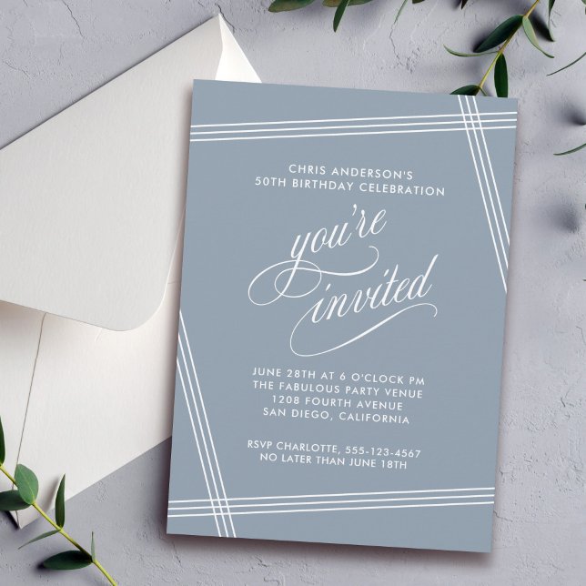 Simple Modern Elegant Dusty Blue Birthday Party Invitation (Available in both printed and digital download formats.)