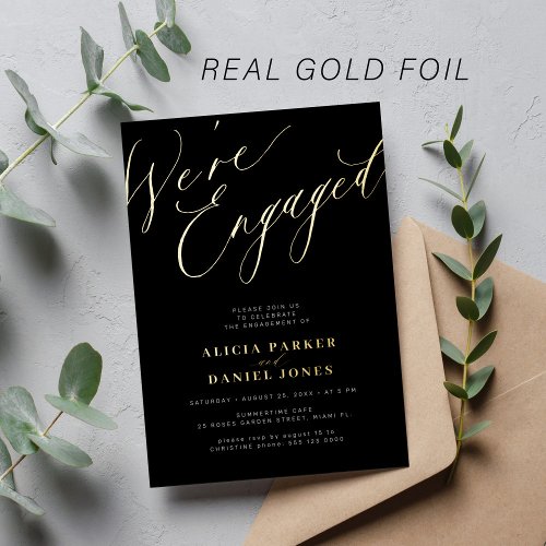 Simple modern elegant engagement party black gold foil invitation