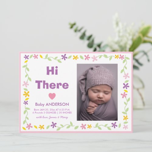 Simple Modern Elegant Floral Baby Girl Photo Birth Announcement