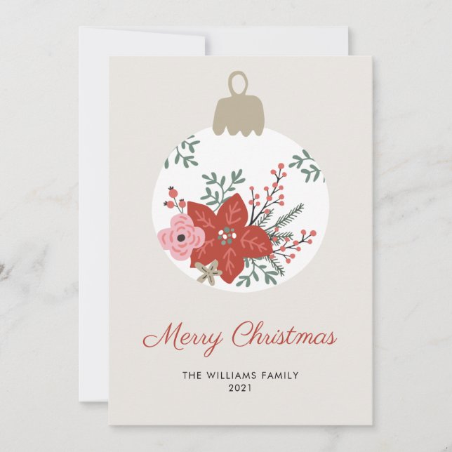Simple Modern Elegant Floral Christmas Ornament Holiday Card (Front)
