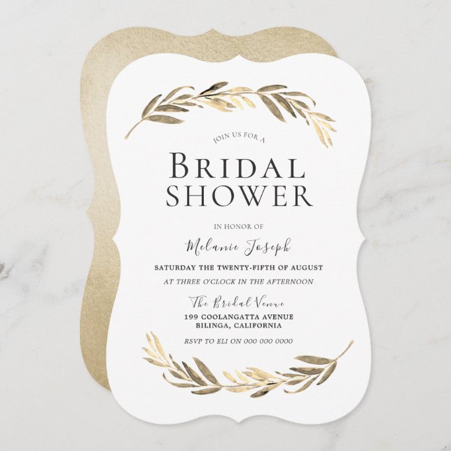 Simple Modern Elegant Gold Leaf Bridal Shower Invitation (Front/Back)