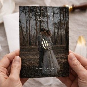Simple Modern Elegant Gold Monogram Photo Wedding Foil Invitation