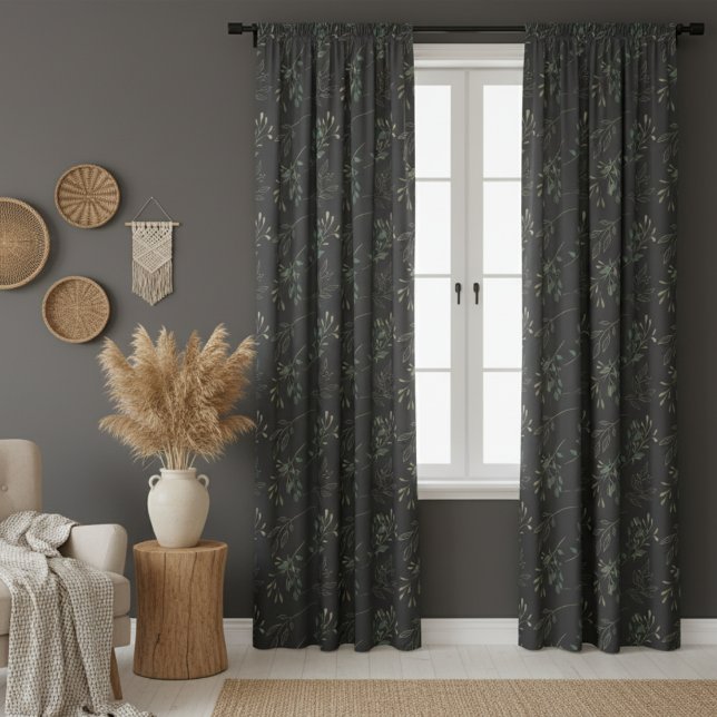 Simple Modern Elegant Leaves Dark Gray Blackout Curtains (Creator Uploaded)