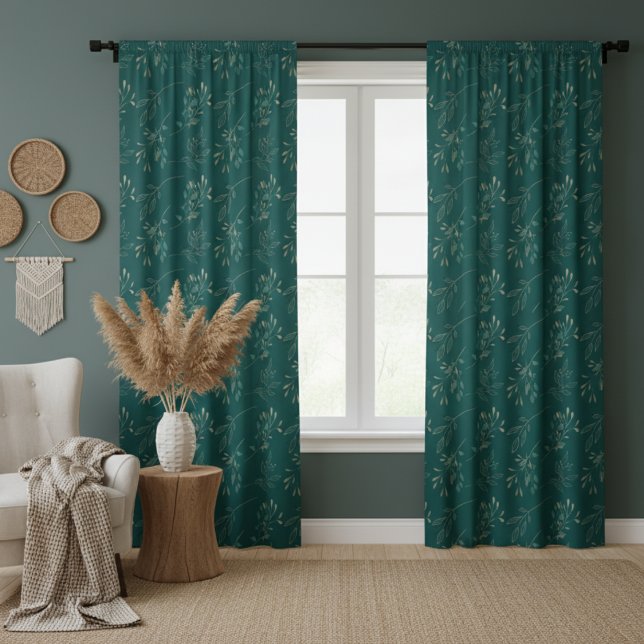 Simple Modern Elegant Leaves Dark Teal Blackout Curtains (Creator Uploaded)