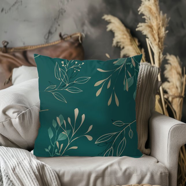 Simple Modern Elegant Leaves Dark Teal Throw Pillow (Creator Uploaded)