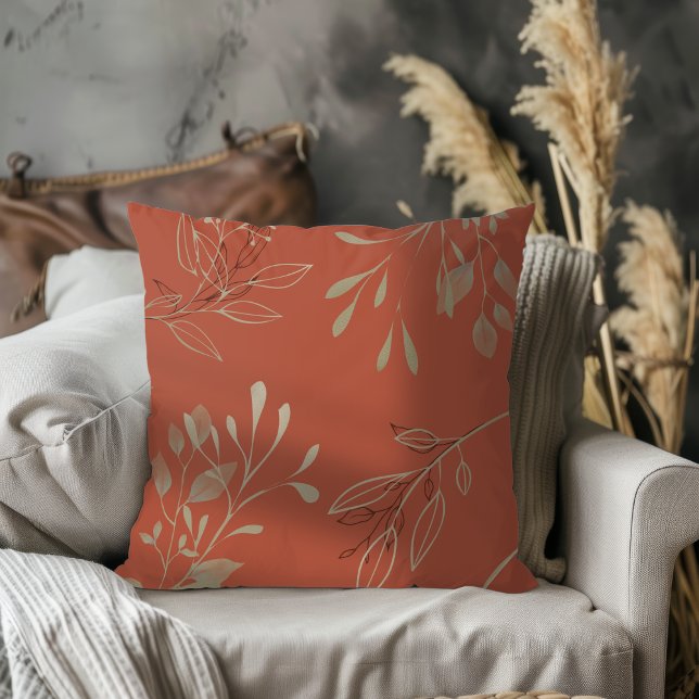 Simple Modern Elegant Leaves Terracotta Throw Pillow (Creator Uploaded)