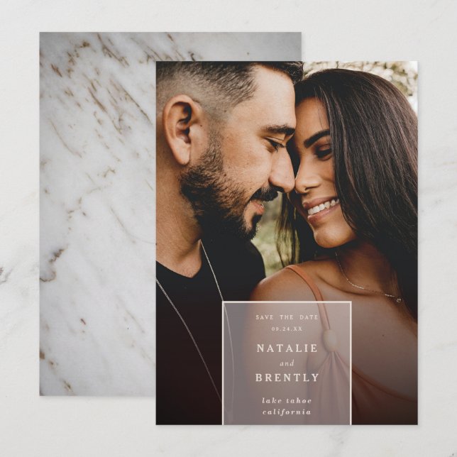Simple Modern Elegant Marble & Photo Overlay Save The Date (Front/Back)