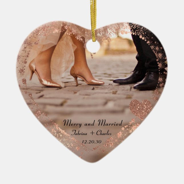 Simple Modern Elegant Married 2 Photo Christmas  Ceramic Ornament (Front)