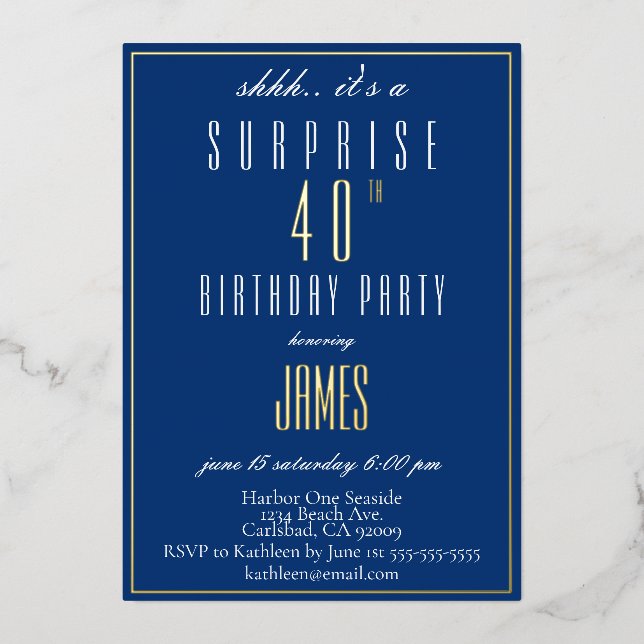 Simple Modern Elegant Navy 40th Birthday Foil Invitation (Front)