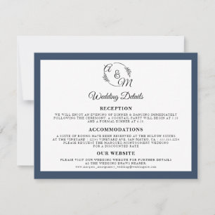 Simple Modern Elegant Navy Blue Wedding Details Invitation