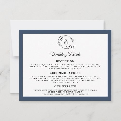 Simple Modern Elegant Navy Blue Wedding Details Invitation