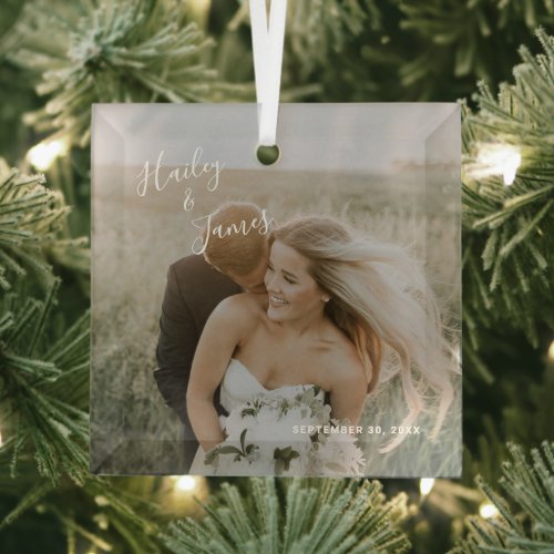 Simple Modern Elegant Photo Newlywed Glass Ornament